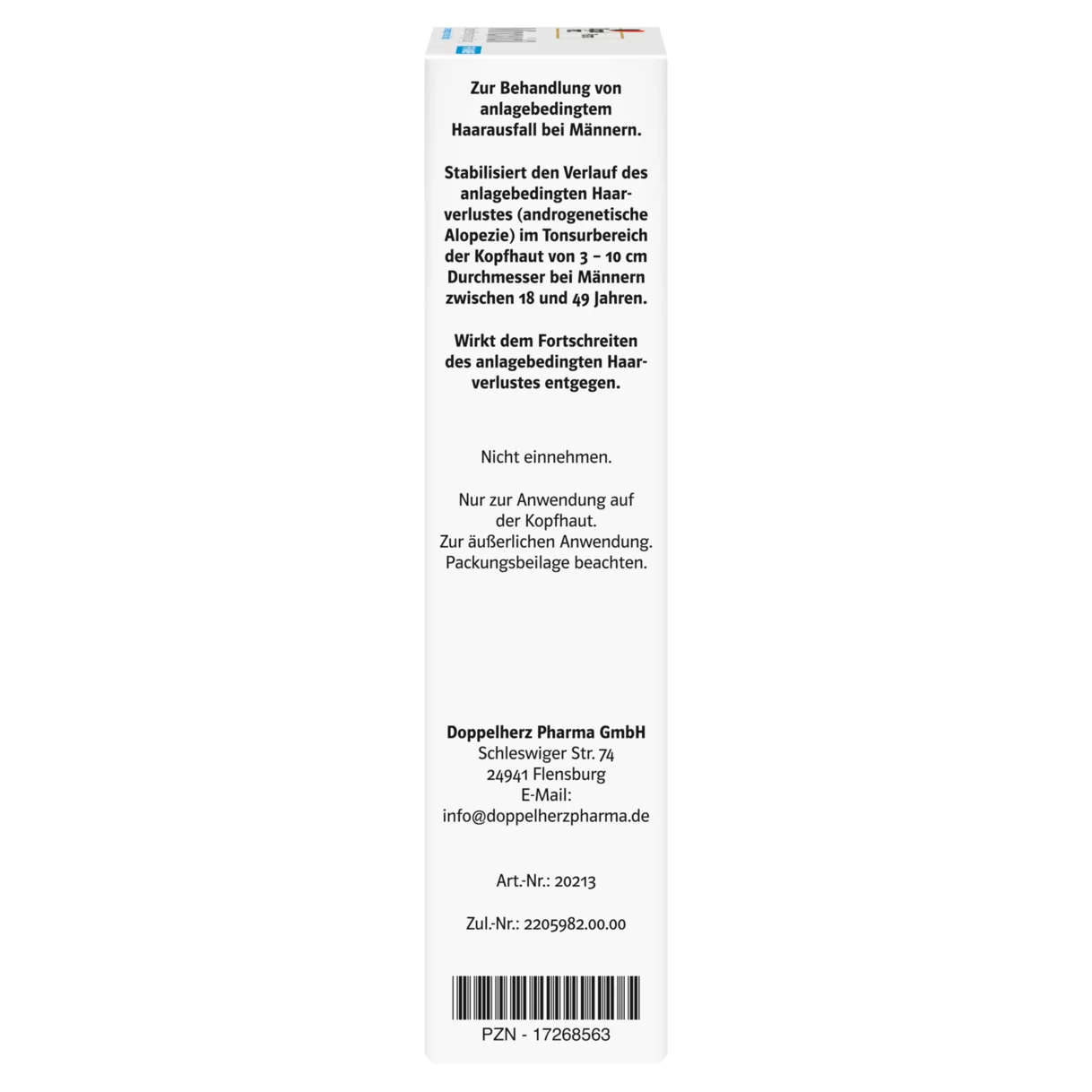 Abbildung der Produktverpackung DoppelherzPharma Minoxidil DoppelherzPharma 50 mg/ml Lösung zur Anwendung auf der Haut (Kopfhaut)  Seitenansicht rechts